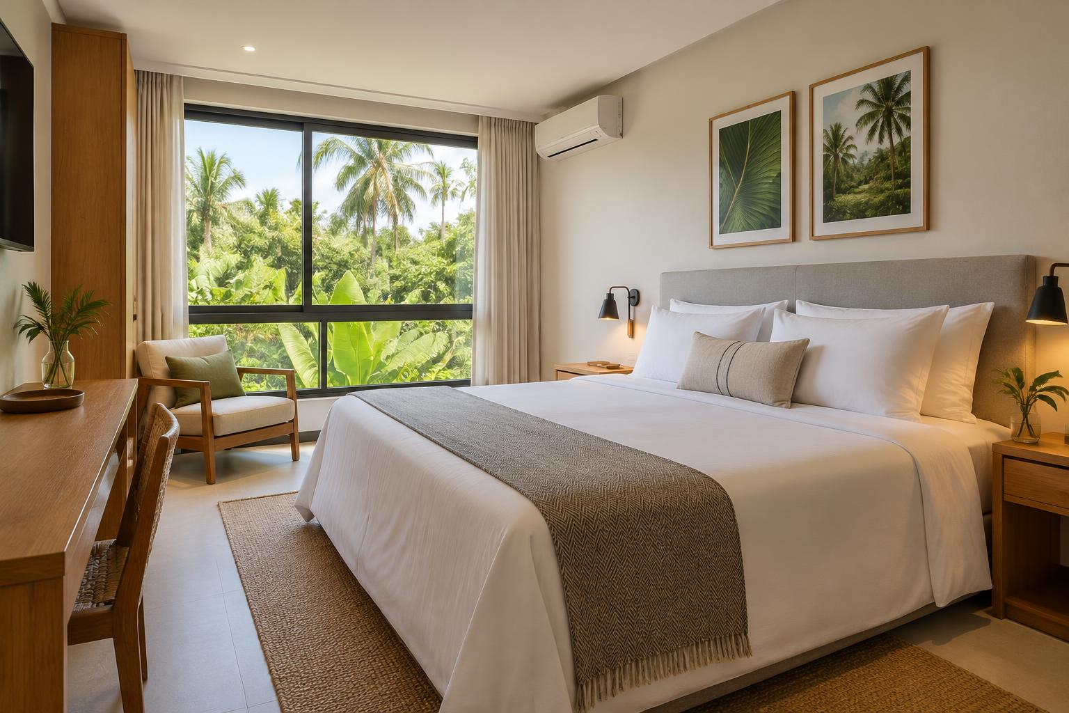 Imagem ilustrativa de quarto de hotel confortável com iluminação e ar-condicionado